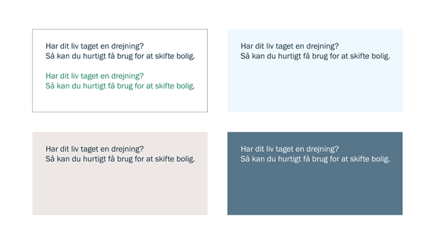 Oversigt over Nyboligs farvekombinationer for underoverskrifter og brødtekst