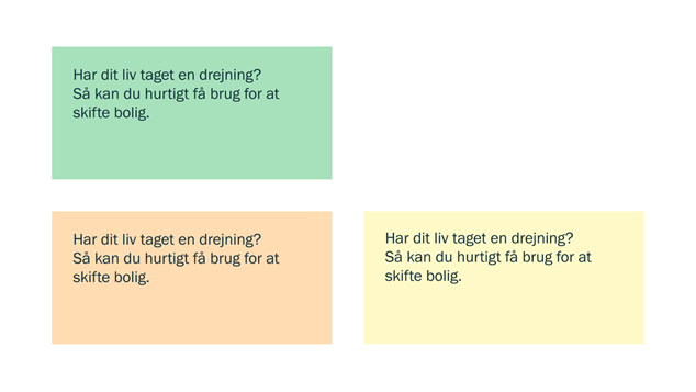 Oversigt over Nyboligs farvekombinationer for underoverskrifter og brødtekst på sekundære farver